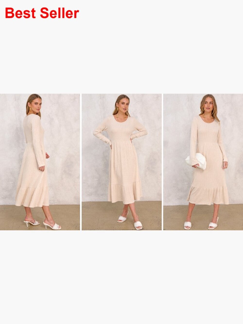 Rib Knit Crew Neck Long Sleeve Midi Dress with Pockets - Picture 7 of 7